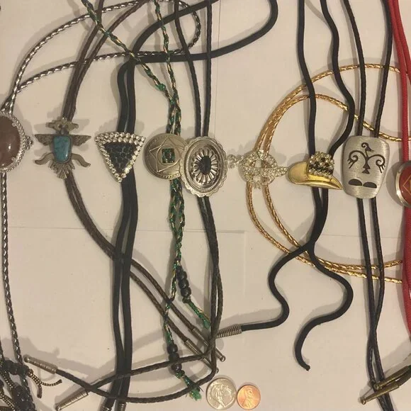 Vintage Lot of 11 Metal Bolo Ties, Very Nice Different Designs, Turquoise, Cowbo